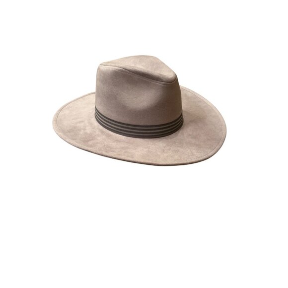 Wide-Brimmed Gray Suede Fedora Hat With Black Striped Band - Picture 2 of 6